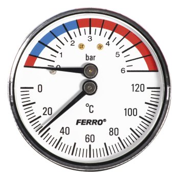 Термоманометр FERRO Ø 63 mm, 0–6 бар, 0–120 °C, подключение сзади 1/2″